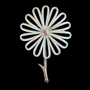 MONET off white enamel open petal floral brooch with gold trim - vintage